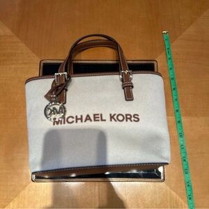Michael Kors Cream Canvas Tote with Brown Leather Trim
